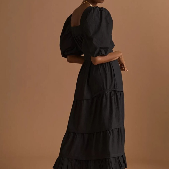 Anthropologie Love the Label Black Poplin Dress with puff sleeves and belt - Picture 2 of 12